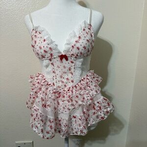 White and Red Floral Ruffled Babydoll Top